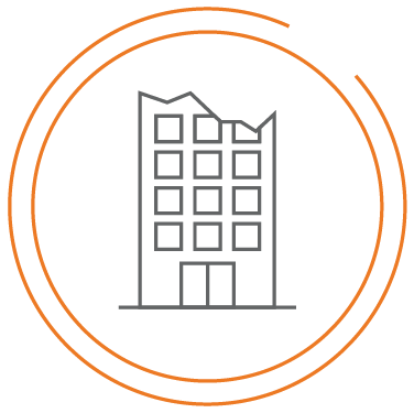 A web design icon featuring a building in an orange circle.