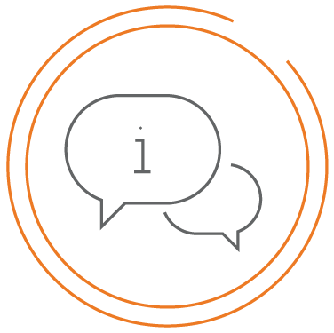 Web design featuring two orange speech bubbles with the word i in the middle.