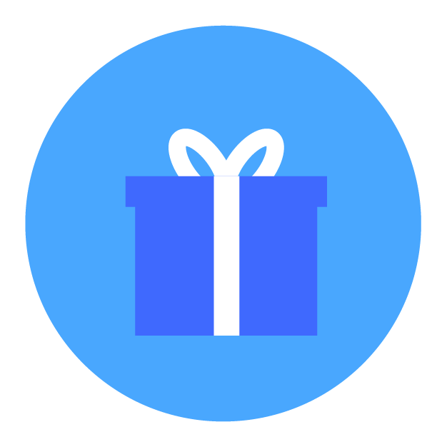 New company branding featuring a blue circle with a gift box.