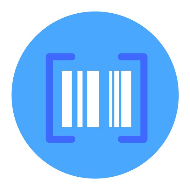 New company branding featuring a barcode icon within a blue circle.