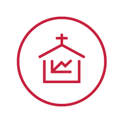 A red and black web design icon featuring a church.