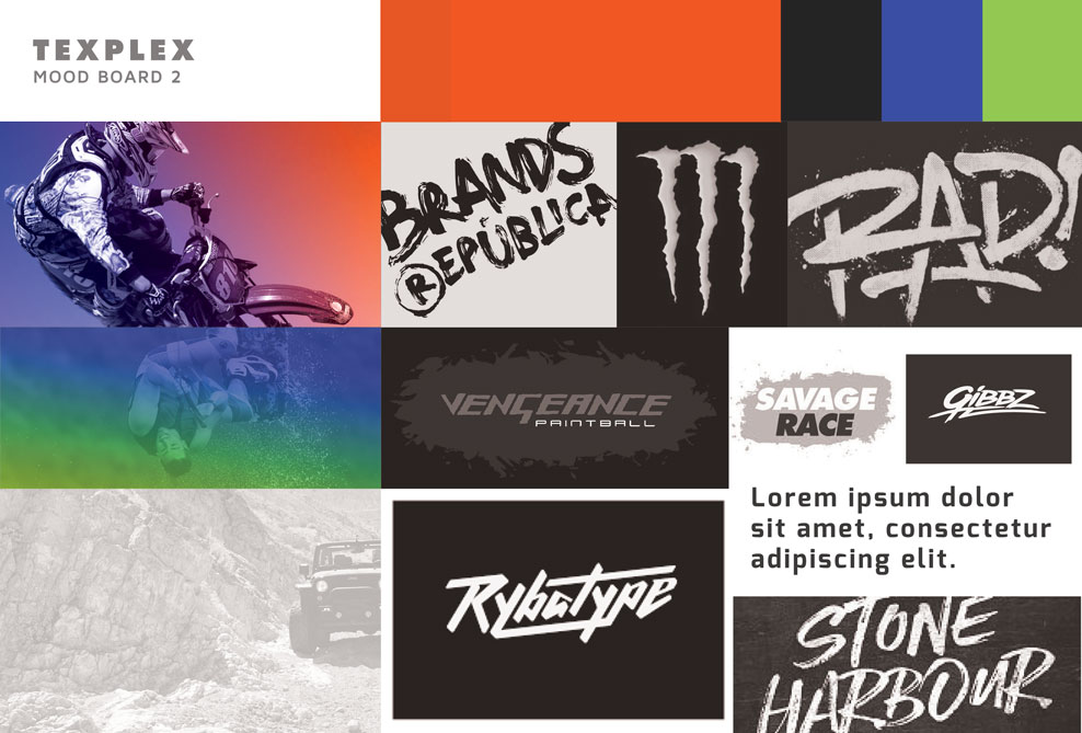 A board with multiple pictures and colors showing different brands that are affiliated with Texplex and photos of people riding motor bikes, wakeboarding, and driving a jeep.
