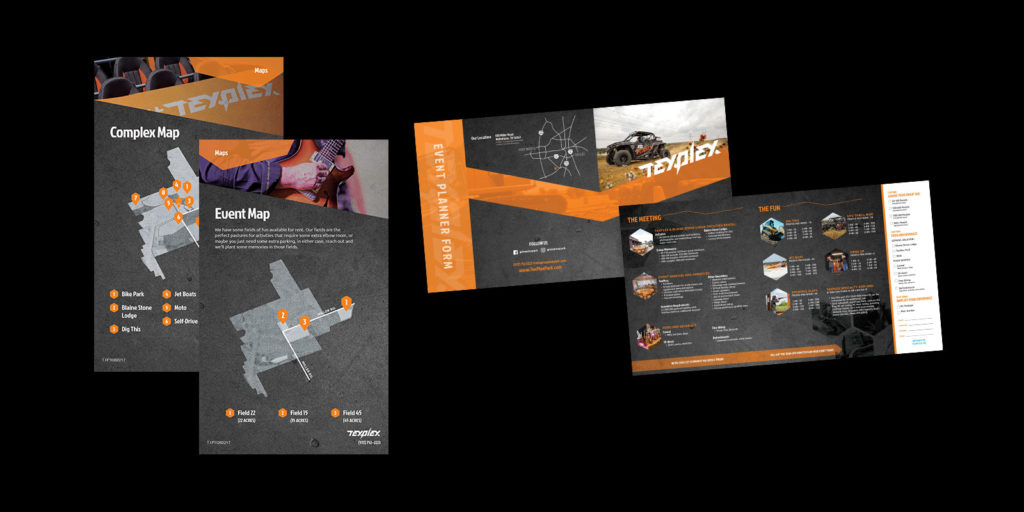 Four black and orange Texplex Brochure giving general information and maps of an event.