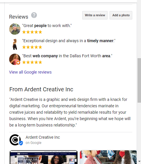 Three 5-Star reviews for Ardent Creative.