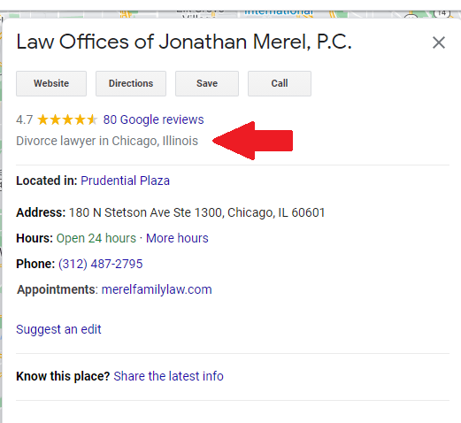 Google search of Law Offices of Jonathan Merel, P.C. with an arrow emphasizing the category of business.