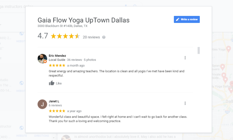 Two 5-star reviews for Gaia Flow Yoga UpTown Dallas.