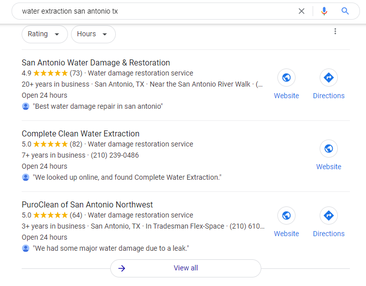 Three different highly rated customers reviews for "water extraction in san antonio tx" on google.