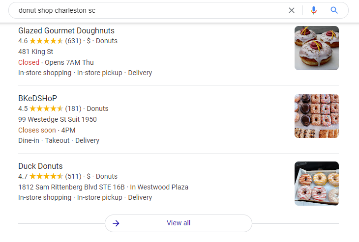 Google search results for "donut shop charleston sc".