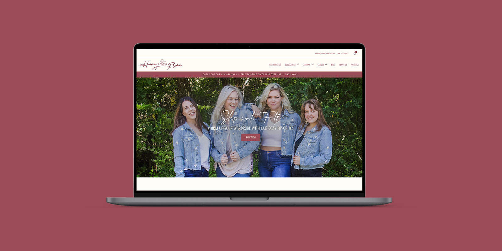 A silver laptop with the Honey Loves Boho website main page pulled up showing four women in denim jackets.