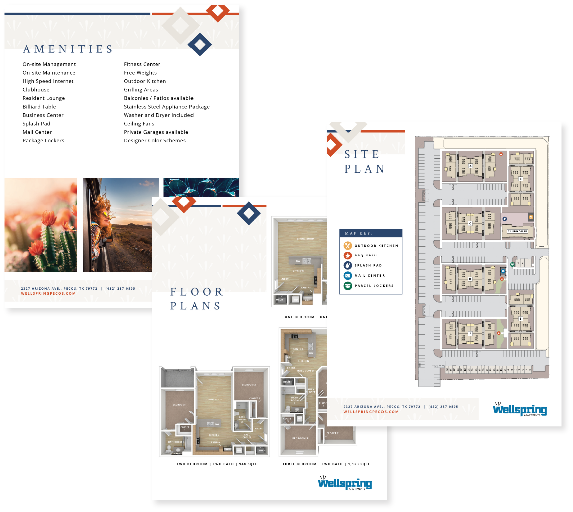 Three floor plans with different layouts and Wellspring.