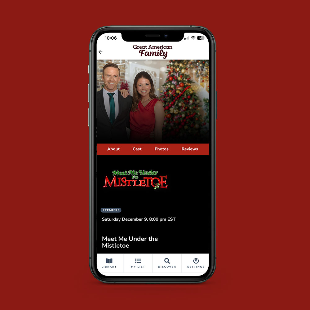 The Great American Family Christmas app on an iPhone.