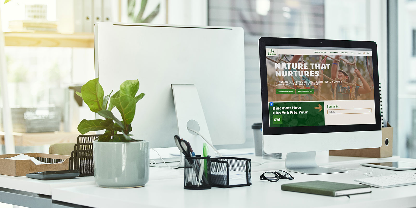 A computer screen is on a desk with a plant, showcasing the expertise of web designers in crafting visually appealing and functional websites.