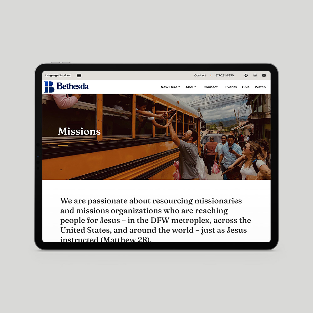 A tablet displaying the homepage of Bethesda Community Church.