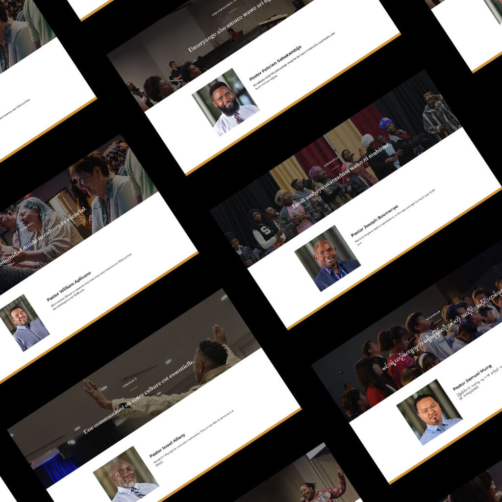 A grid of images captures various people involved in discussions, presentations, and dialogues at the Community Church conference, with captions and names displayed below each person's photo.