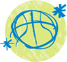 A blue, hand-drawn basketball with two blue asterisks sits on a textured green circle background, embodying the spirit of the Live Like Knox Foundation.