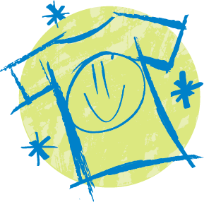 Abstract illustration featuring a blue outlined shirt with a smiley face on a textured yellow-green circular background, embodying the spirit of Live Like Knox.