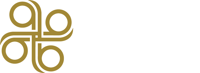 A gold abstract logo with four interlocking circular shapes resembling a clover design sits prominently on a white background, embodying the sophisticated identity of CBJ Financial.