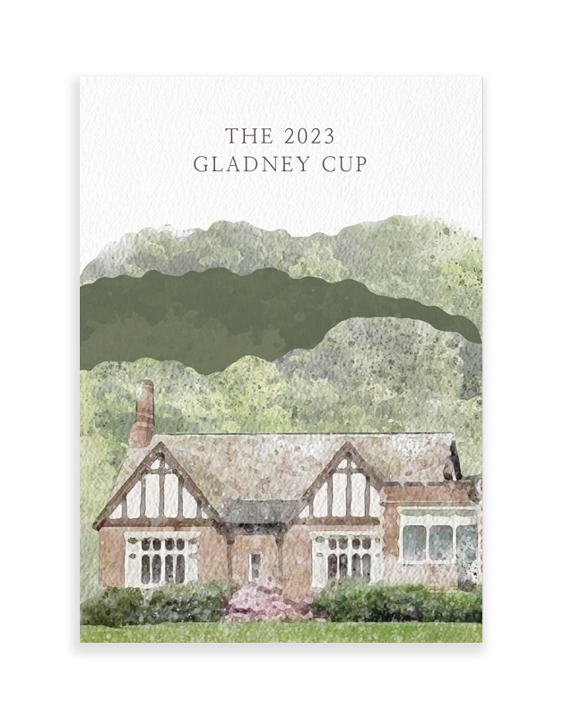 Watercolor illustration of an English-style house, framed perfectly for print design, with "The 2023 Gladney Cup" text above. The charming scene is set against a lush backdrop of trees.