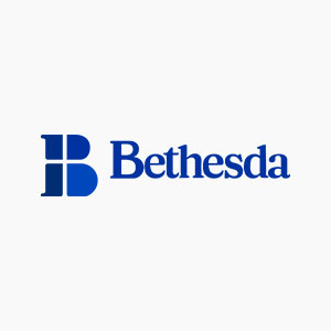 Concept logo of Bethesda for 2025, featuring a stylized blue "B" and the name "Bethesda" in bold blue text on a pristine white background, perfect for their homepage.