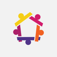 Five colorful, abstract human figures in a circular formation, each a different color: yellow, pink, red, orange, and purple. They create a house-like shape on a plain background, embodying the vibrant essence of a homepage concept for 2025.