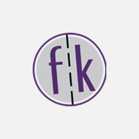 The circular logo on the homepage features a gray background with the lowercase letters "f" and "k" in purple, divided by a black vertical line, embodying the Concept 2025 design ethos.
