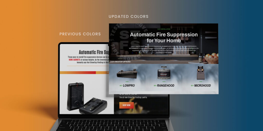 Comparison of previous and updated colors for a website featuring automatic fire suppression products, with a focus on kitchen fire safety, displayed on two overlapping laptop screens.