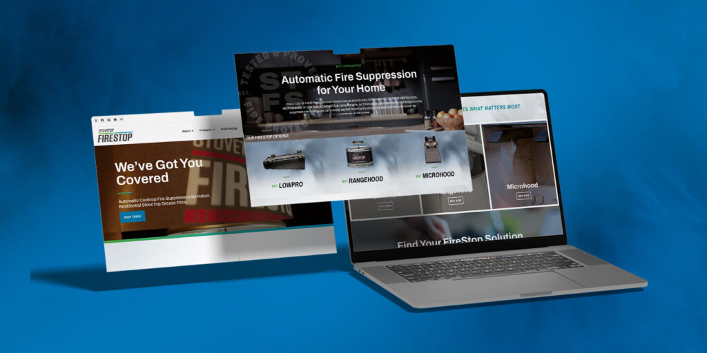 A laptop and two floating website screens display StoveTop FireStop fire suppression solutions and automatic stovetop safety system information against a blue background.
