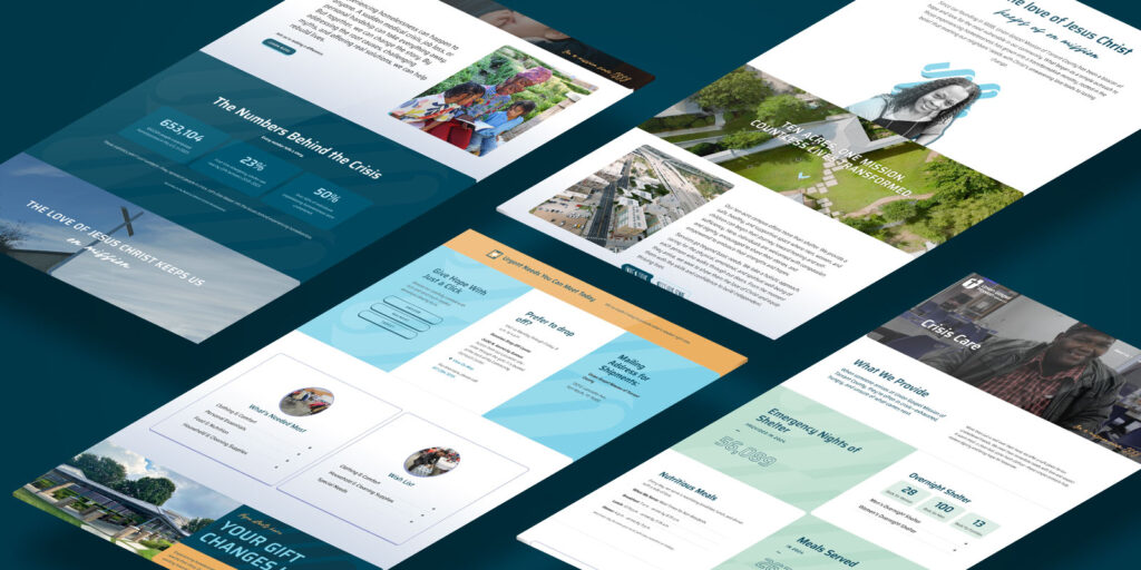 Four website page mockups displayed at an angle, showcasing layouts with images, text, statistics, and various design elements on a dark teal background.