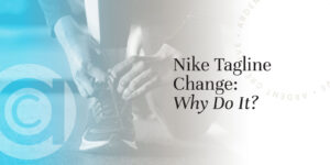 A person ties a running shoe with the text “Nike Tagline Change: Why Do It?” overlaid on the right side, highlighting the impact of brand strategy in Nike marketing strategy.