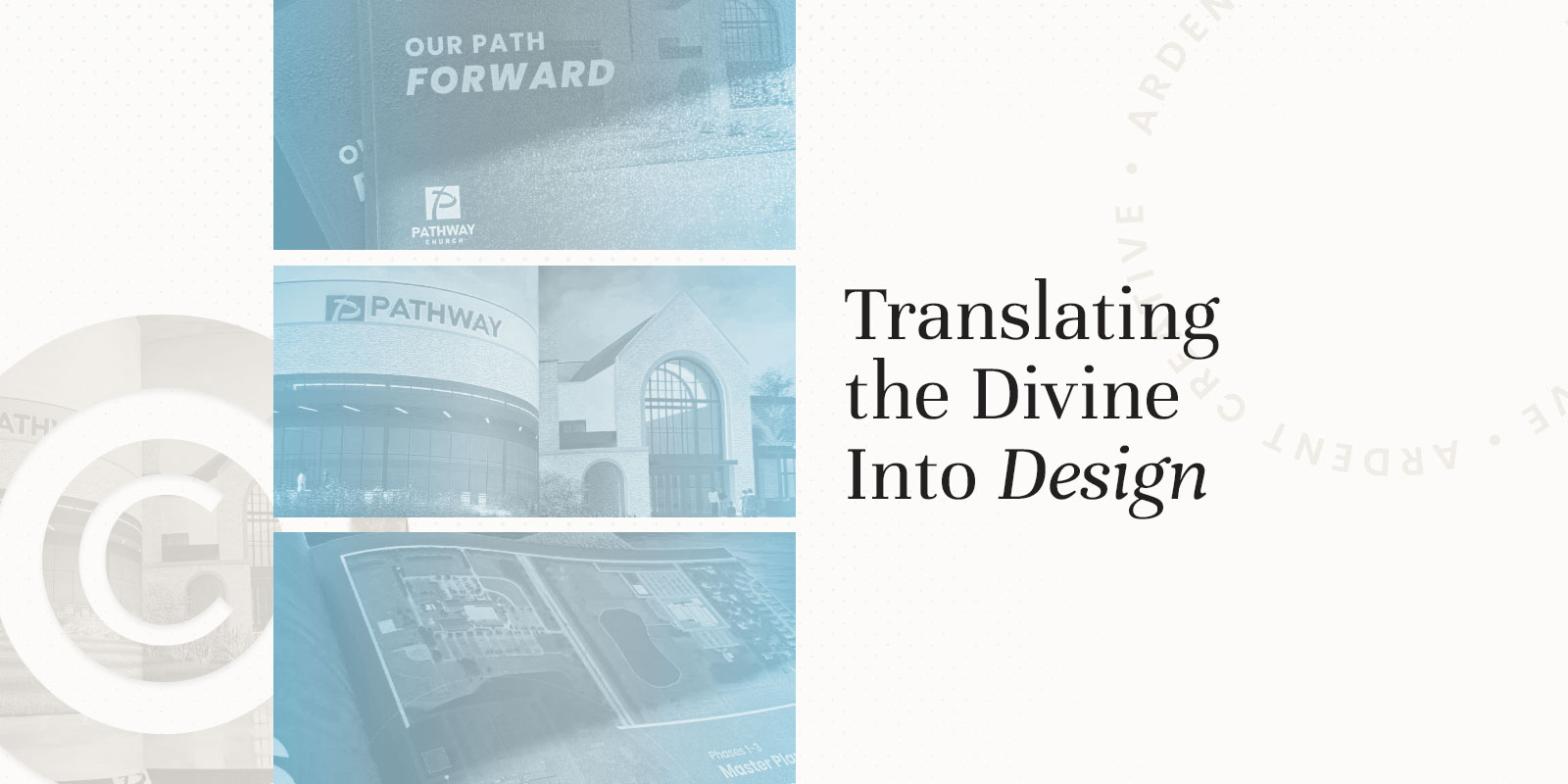 A collage of architectural images on the left and the text "Translating the Divine Into Design" on the right in a clean, modern font, showcasing high-end print design that elevates storytelling.