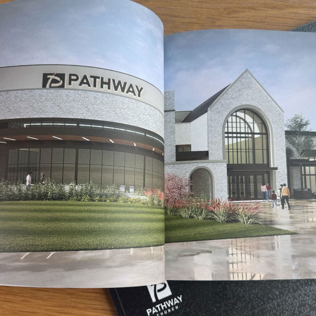 A rendering of a modern building labeled "Pathway," designed for Goff Companies, features large windows, a curved facade, and a landscaped entrance—an ideal case study in contemporary architecture. People are seen walking nearby.