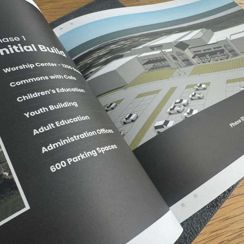 A brochure featuring a 3D architectural rendering of a new building complex for Goff Companies, with labeled features, a list of facilities—including parking spaces and educational areas—showcasing effective print design.