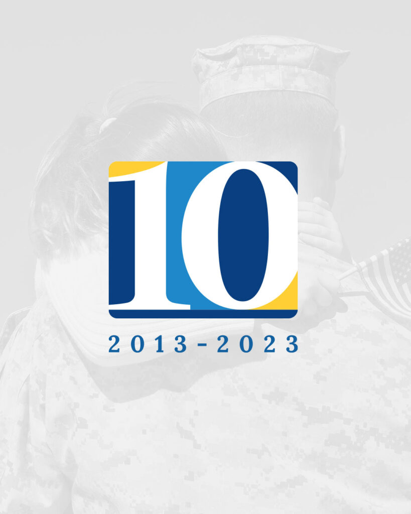 A "10 years, 2013–2023" anniversary logo featuring a faded image of a military person hugging a child with an American flag, reflecting Rightwise Prep's new look and commitment to helping families make the grade.