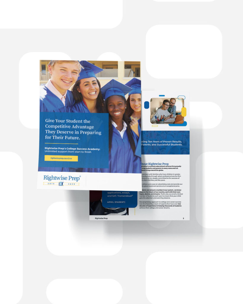 Two brochures with a new look highlight Rightwise Prep, featuring smiling graduates in caps and gowns and details about college readiness services to help students make the grade.