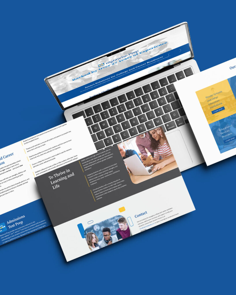 A laptop and three website design mockups are displayed on a blue background, showcasing Rightwise Prep's new look with educational website layouts and content sections to help students make the grade.