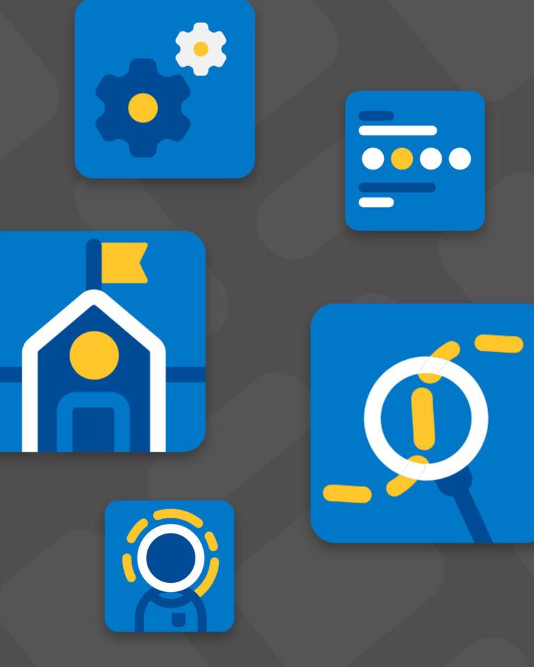 A graphic with five blue icons—gear, settings panel, building with flag, magnifying glass, and person with a circular highlight—spotlights the new look of Rightwise Prep, all set against a dark gray background.