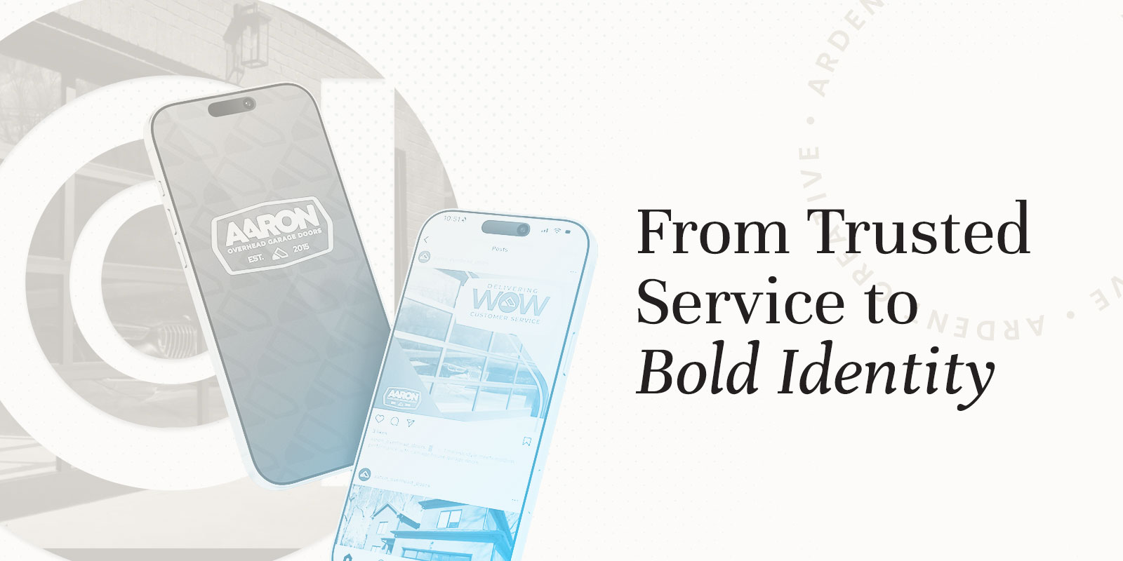 Two smartphones showcase branding designs beside the phrase "From Trusted Service to Bold Identity" on a light background.