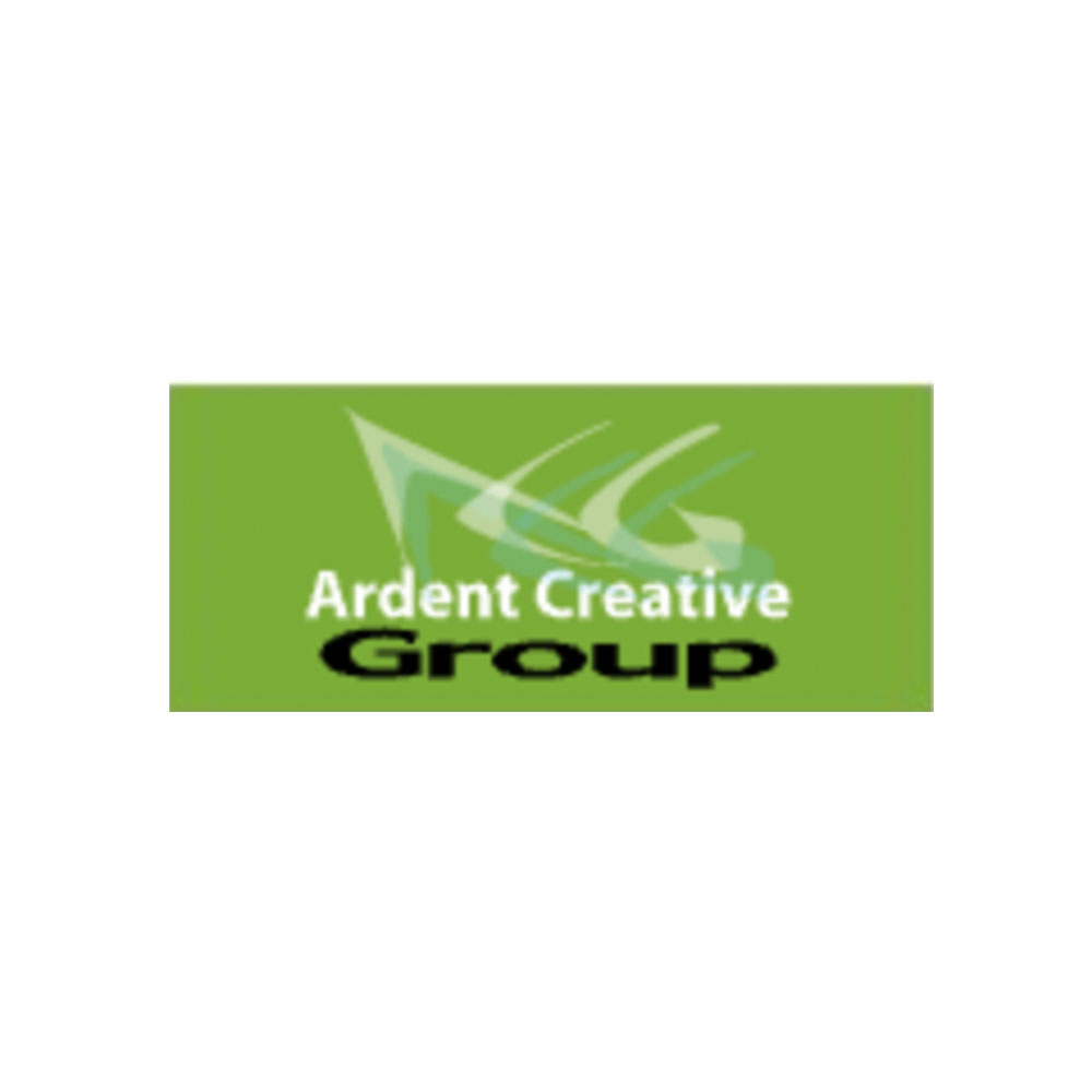 Logo with green background displaying “Ardent Creative Group” in white and black text, showcasing brand evolution with an abstract white design above the text for a modern logo design.