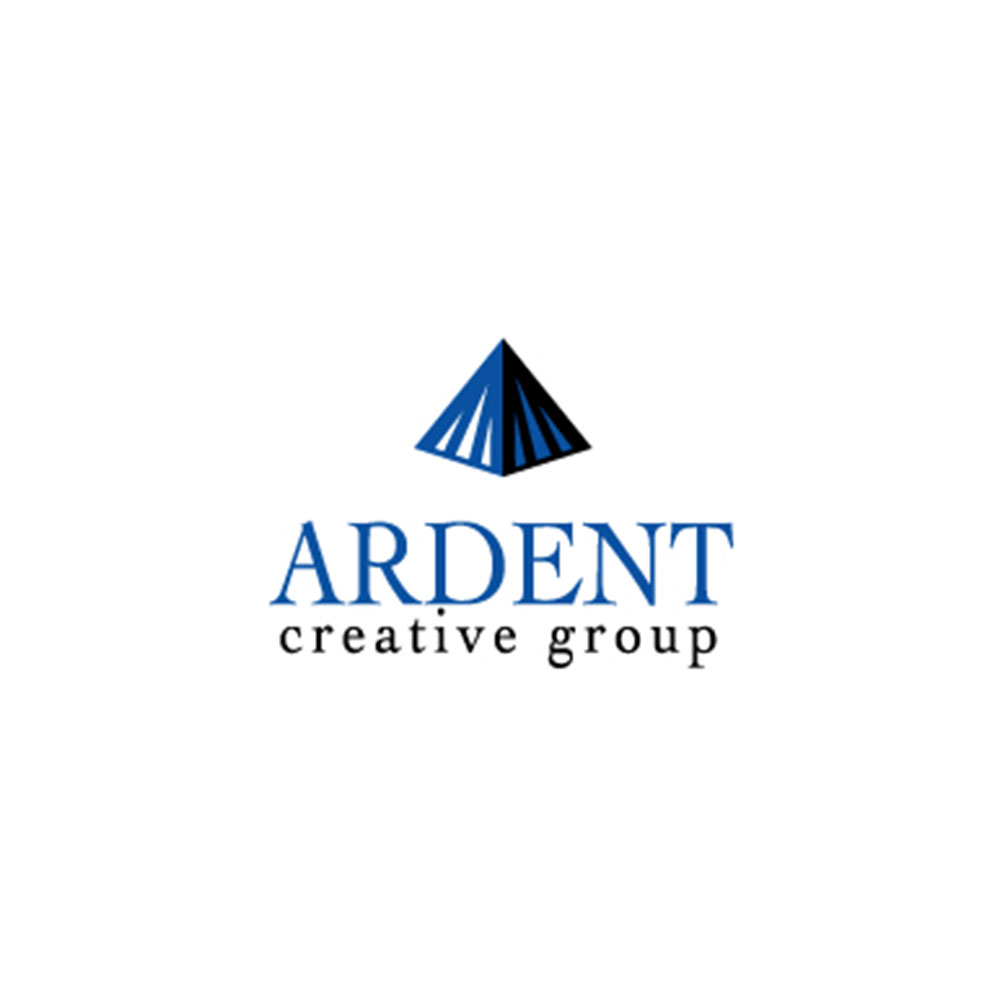 Logo design for Ardent Creative Group featuring a blue and black pyramid above the company name in blue and black text on a white background, reflecting brand evolution.