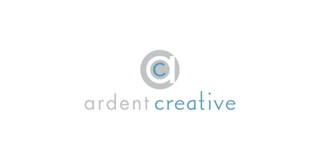 Ardent Creative logo design featuring a stylized "a" and "c" in gray and blue, with "ardent creative" below in matching colors on a white background.