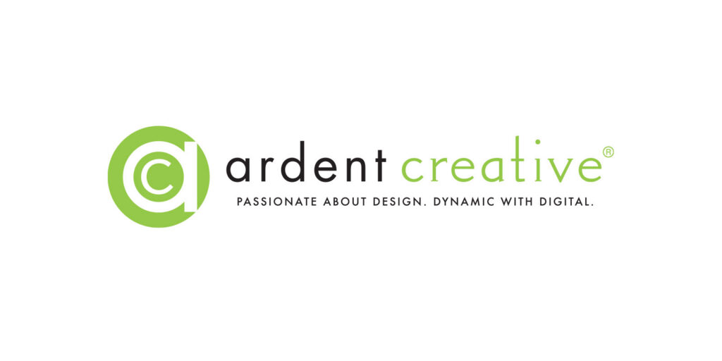 Ardent Creative logo with a green circular emblem showcases thoughtful logo design and the words "ardent creative" alongside the tagline "Passionate about design. Dynamic with digital," reflecting our brand evolution.