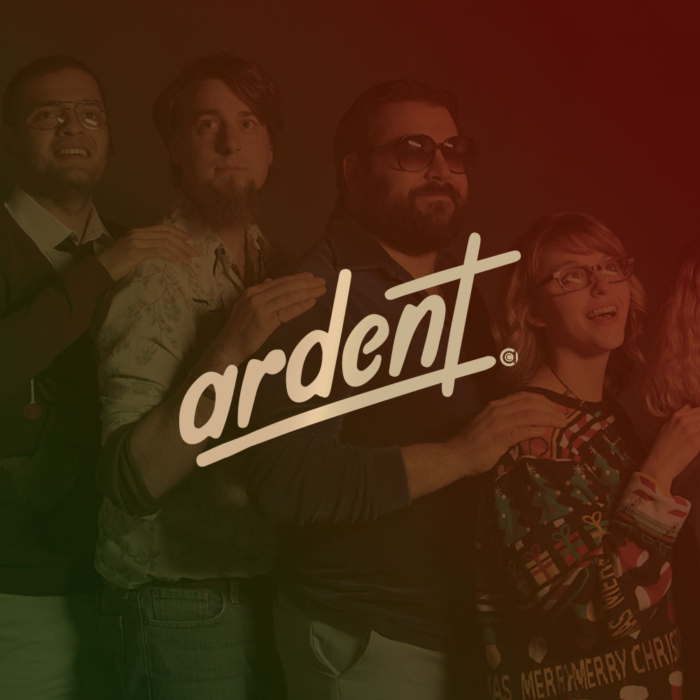 Four people stand in a line posing together, with "Ardent" in a large script font overlaying the center—perfectly capturing brand evolution and inspiring your next logo design.