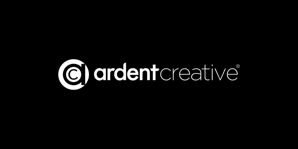 The image features the Ardent logo in white text on a black background, with a stylized copyright symbol inside a circle to the left—showcasing bold branding and modern logo design.