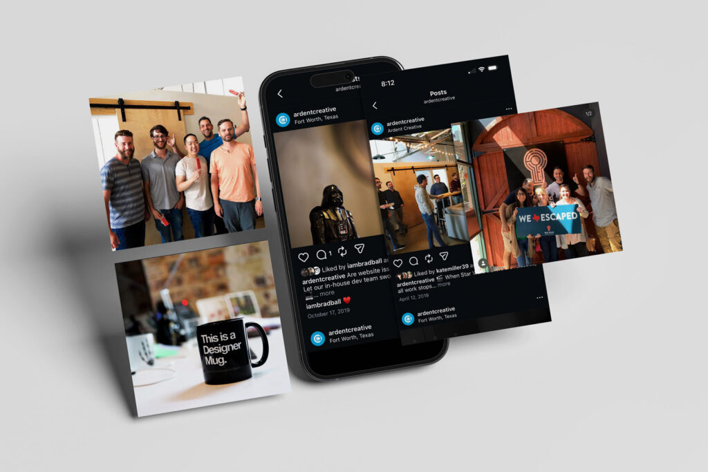 A smartphone displays an Instagram feed surrounded by printed photos of people posing, a group holding a "WE ESCAPED" sign, and a mug labeled "This is a Designer Mug.