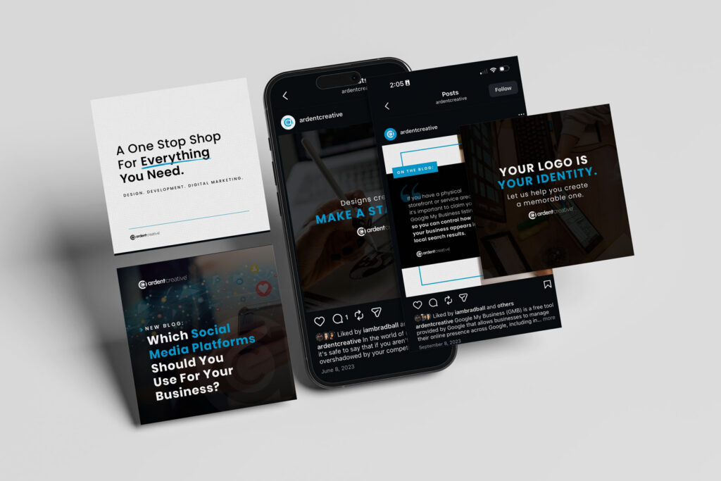 A smartphone displays a social media feed with several promotional graphic posts for Ardent, a digital marketing business, featuring text on brand evolution, logo design, and popular social media platforms.