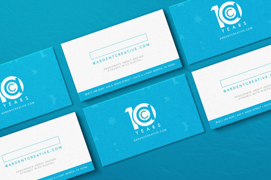 A set of blue and white business cards showcases "10 Years," contact details, and the Ardent logo design—highlighting brand evolution and featuring ardentcreative.com.